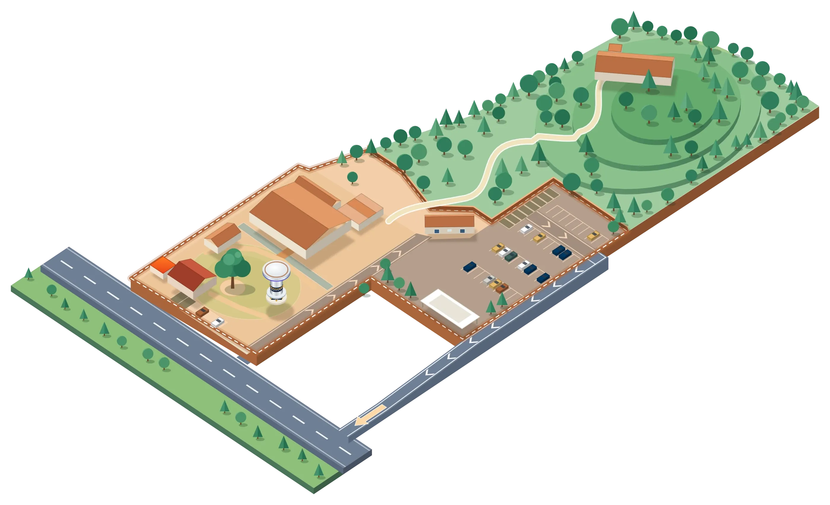 แผนผังโครงการ THE E-SAN GATE แบบ 3 มิติ โซน Made in Khao Yai ด้านหน้า มี E-SAN Eatery, Dairy Home, Happy Noodle, ไก่โคราชลุยไฟ และ Hop Beer House Korat ถัดไปเป็นลานจอดรถ ห้องน้ำ จุดชาร์จรถยนต์ไฟฟ้า ศูนย์บริการข้อมูลนักท่องเที่ยว และโซน Halal Village บนเนินเขา (เร็ว ๆ นี้)