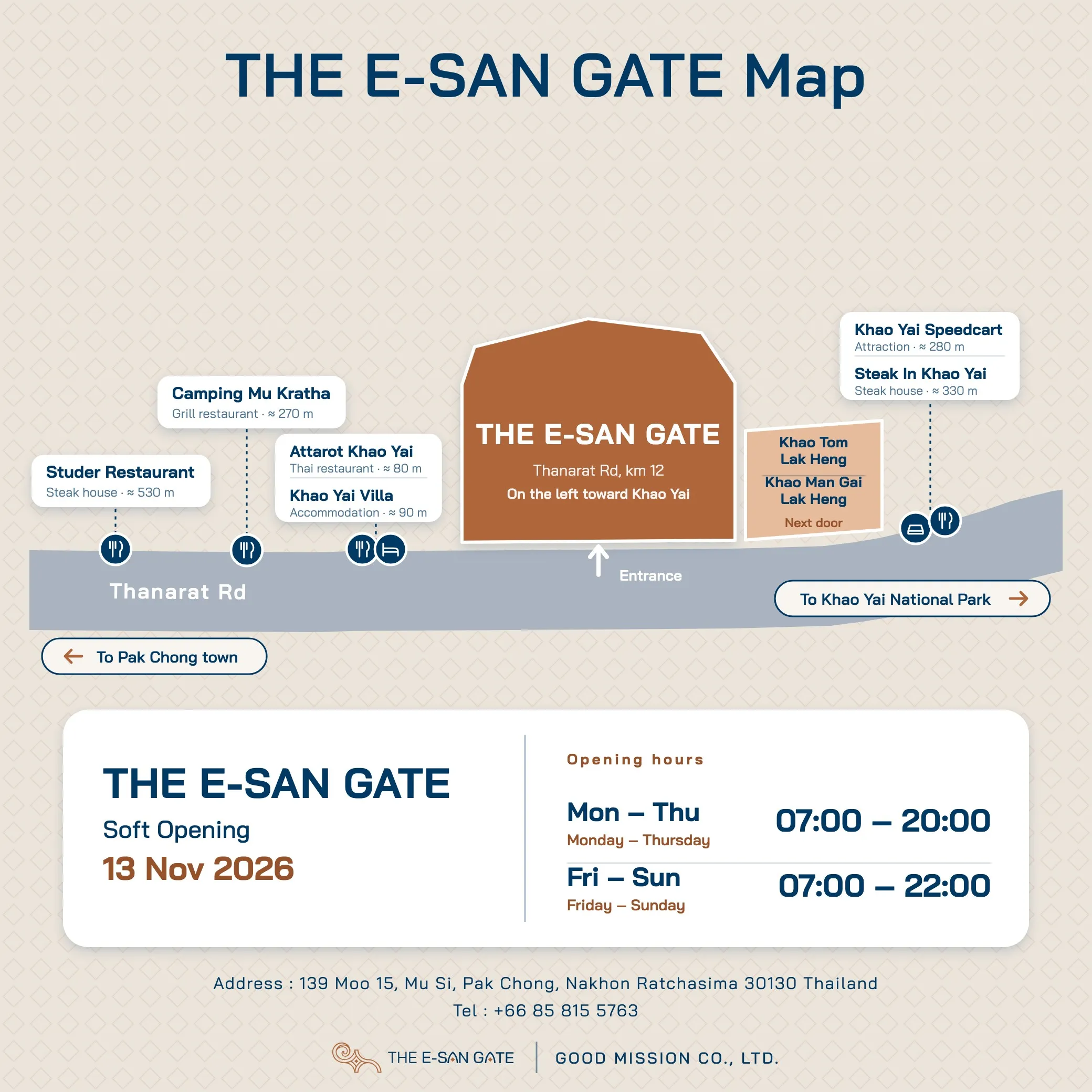 Route map to THE E-SAN GATE on Thanarat Road km 12, with the places you pass before it, opening hours and address